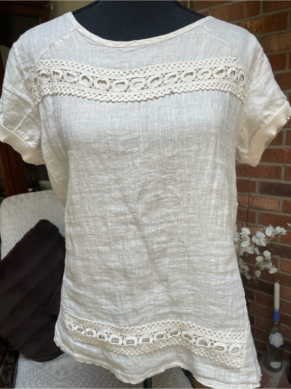 Cream Crochet-Trim Short Sleeve Linen-Blend Top